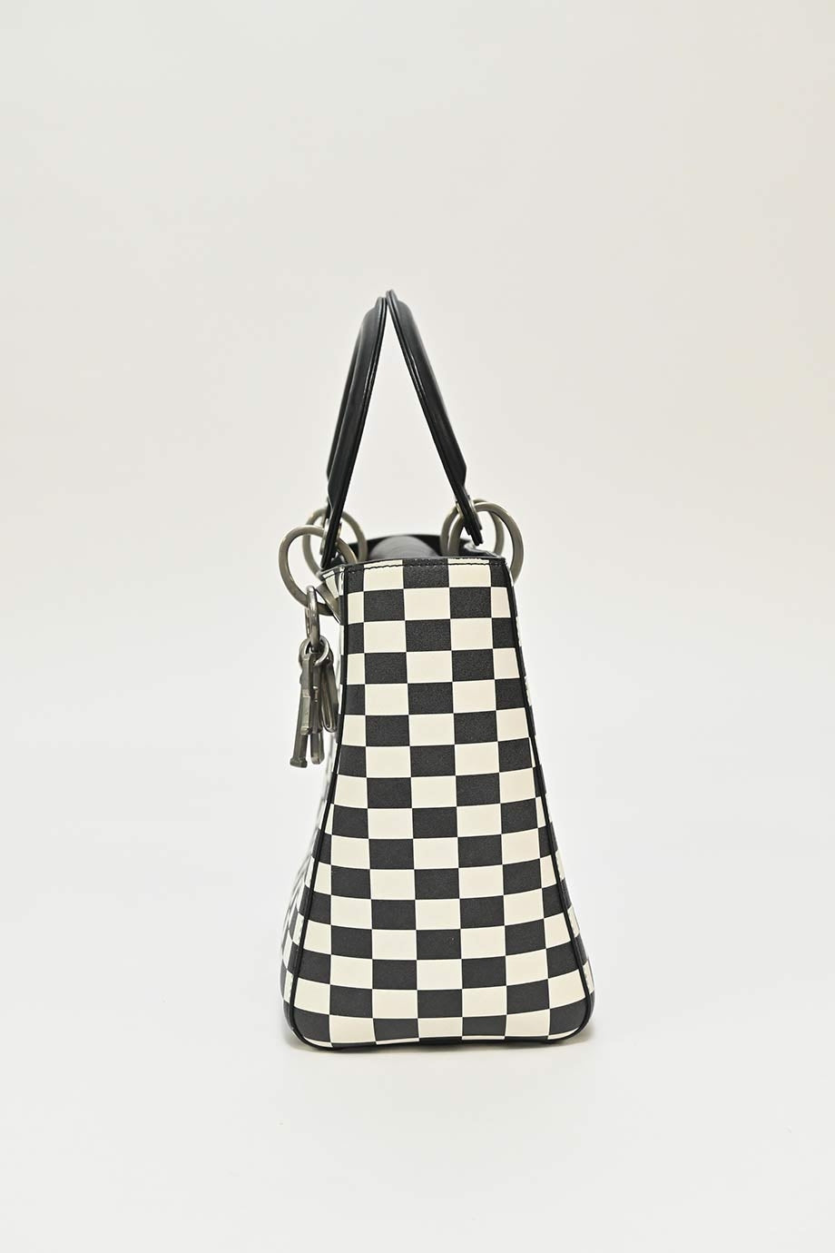 CHRISTIAN DIOR Black two-tone leather check Lady Dior top handle bag with detachable shoulder strap