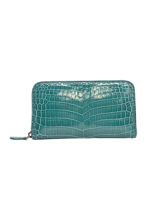 BOTTEGA VENETA Teal crocodile skin continental zip wallet