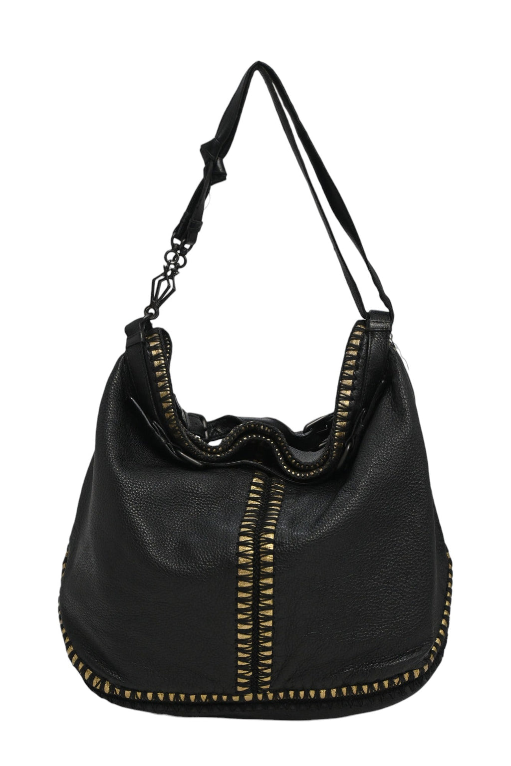 BOTTEGA VENETA Black and gold foiled leather Oro Cervo Ucinetto two-way hobo bag with detachable shoulder strap