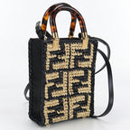 FENDI 8BS051 AKMS F1E1C Handbag sunshine shopper mini 2WAY bag Raffia,leather black Women