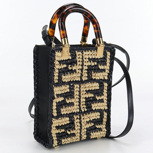 FENDI 8BS051 AKMS F1E1C Handbag sunshine shopper mini 2WAY bag Raffia,leather black Women