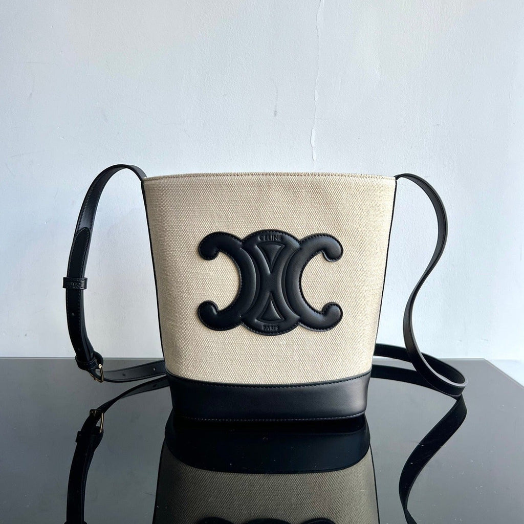 Celine SMALL BUCKET CUIR TRIOMPHE 24CM IN STRIPED TEXTILE AND BLACK CALFSKIN