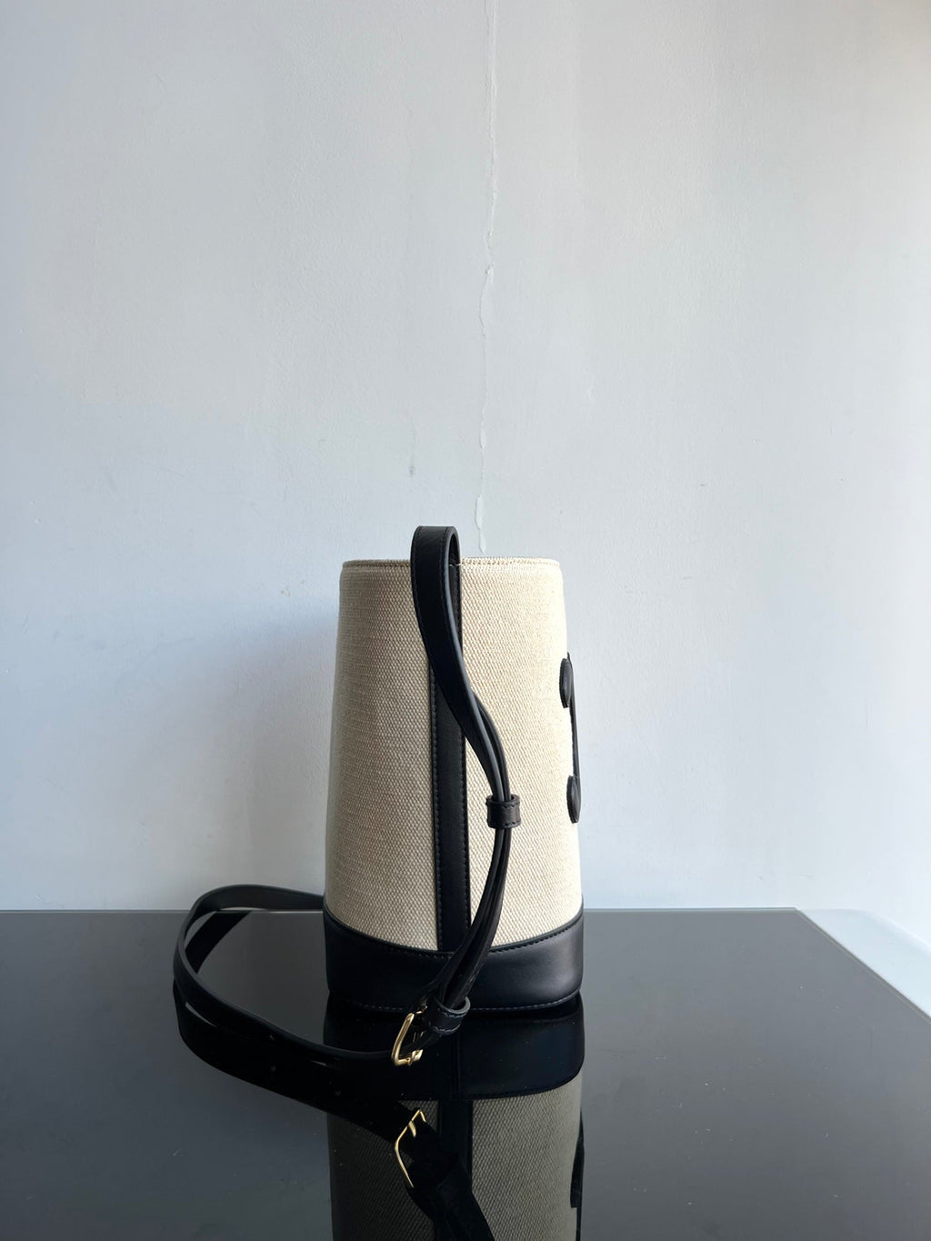 Celine SMALL BUCKET CUIR TRIOMPHE 24CM IN STRIPED TEXTILE AND BLACK CALFSKIN