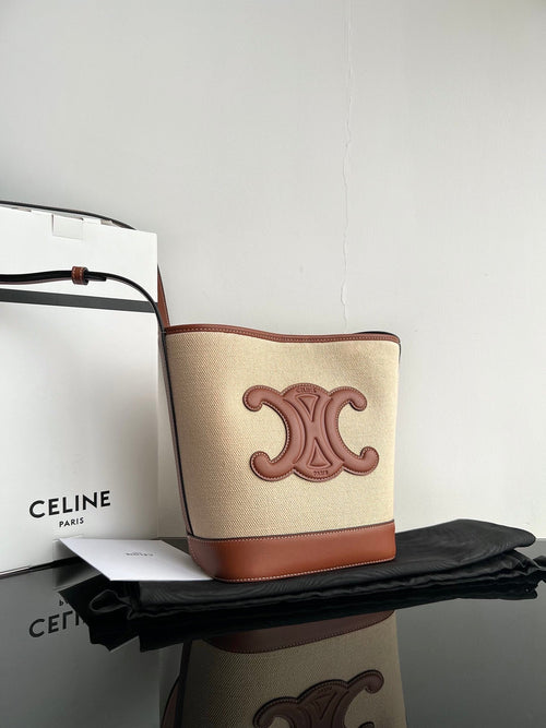 Celine SMALL BUCKET CUIR TRIOMPHE 24CM IN STRIPED TEXTILE AND TAN CALFSKIN