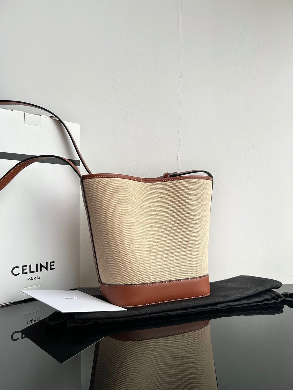Celine SMALL BUCKET CUIR TRIOMPHE 24CM IN STRIPED TEXTILE AND TAN CALFSKIN
