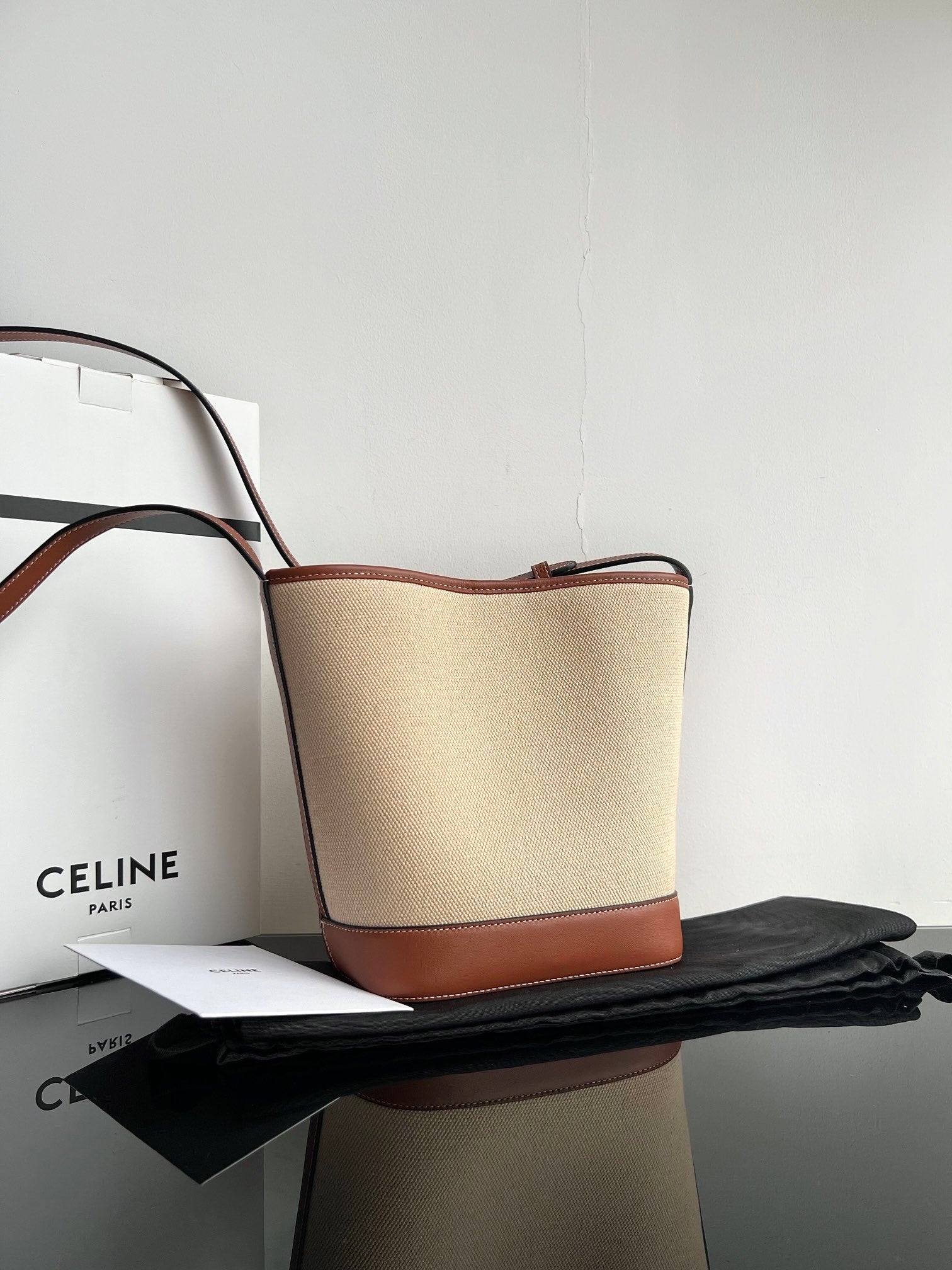 Celine SMALL BUCKET CUIR TRIOMPHE 24CM IN STRIPED TEXTILE AND TAN CALFSKIN