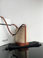 Celine SMALL BUCKET CUIR TRIOMPHE 24CM IN STRIPED TEXTILE AND TAN CALFSKIN