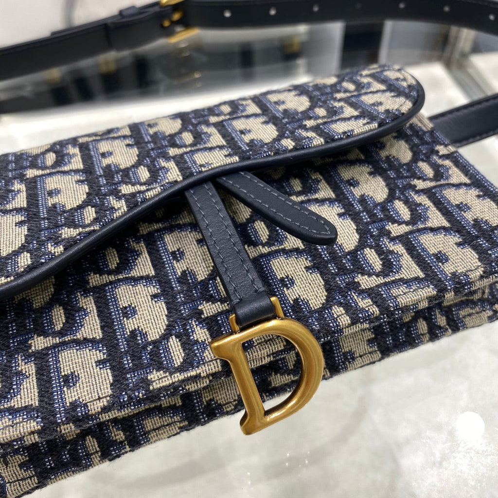 DIOR SADDLE 17CM BELT BEG BLUE OBLIQUE EMBROIDERY