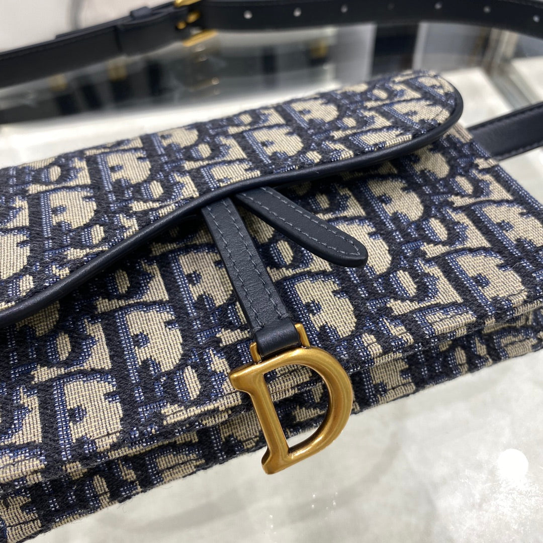 DIOR SADDLE 17CM BELT BEG BLUE OBLIQUE EMBROIDERY