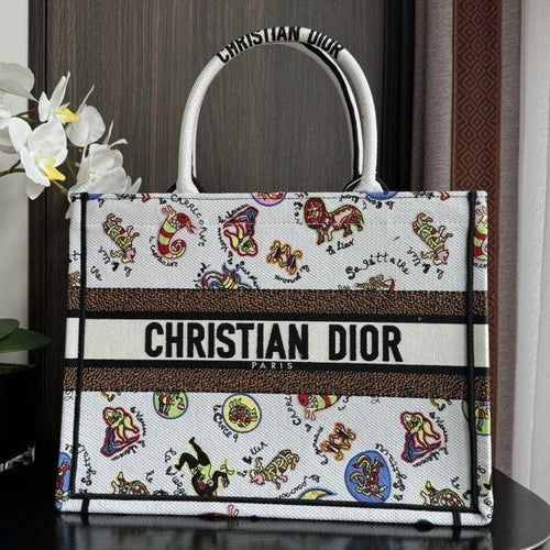 DIOR Medium Book Tote 36cm White Multicolor Dragon Zodiac Embroidery