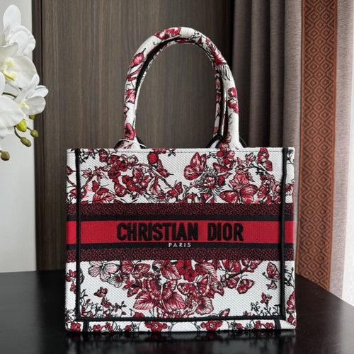 DIOR Small Book Tote 26.5cm White and Red Heart Butterfly Embroidery