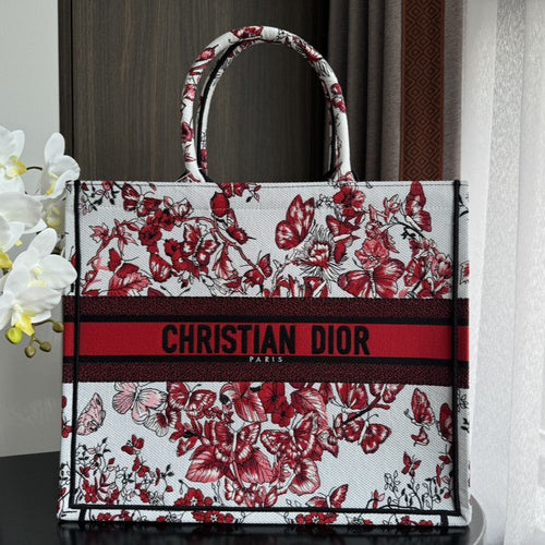 DIOR Large Book Tote 42cm White and Red Heart Butterfly Embroidery