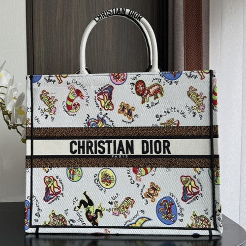 DIOR Large Book Tote 42cm White Multicolor Dragon Zodiac Embroidery