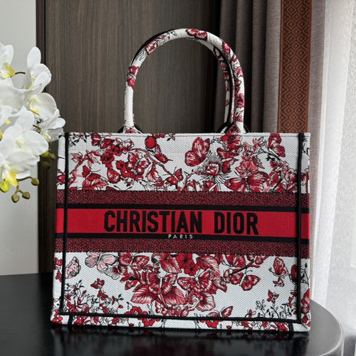 DIOR Medium Book Tote 36cm White and Red Heart Butterfly Embroidery