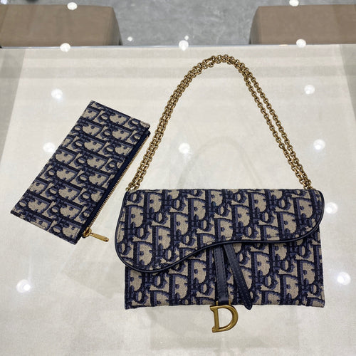 DIOR Saddle WOC 19cm Blue Obique Embroidery