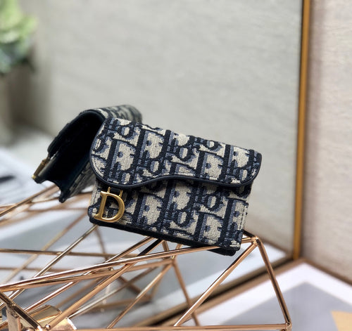 DIOR Saddle Wallet 10.5cm Blue Obique Embroidery