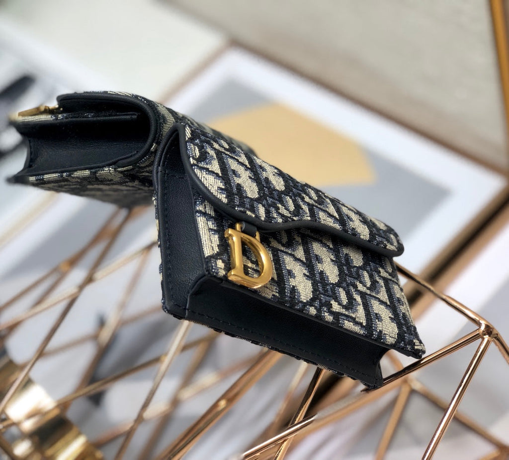 DIOR Saddle Wallet 10.5cm Blue Obique Embroidery