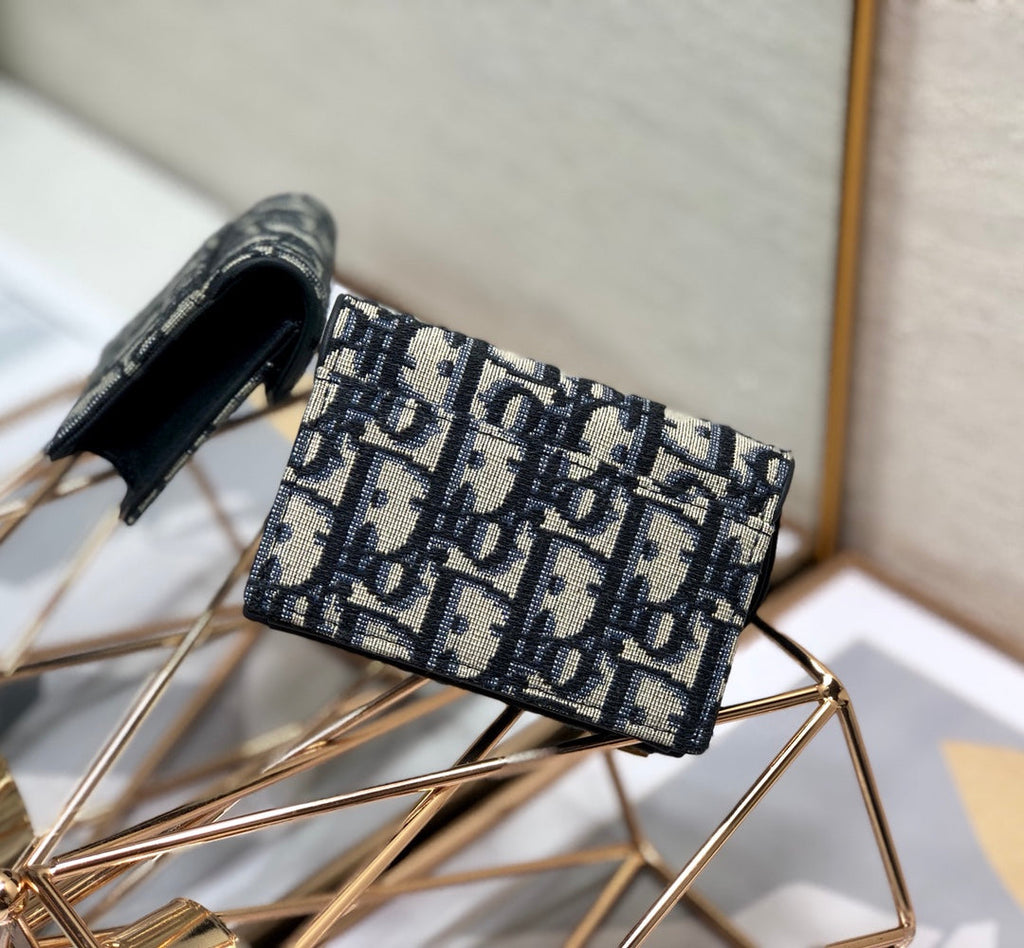 DIOR Saddle Wallet 10.5cm Blue Obique Embroidery