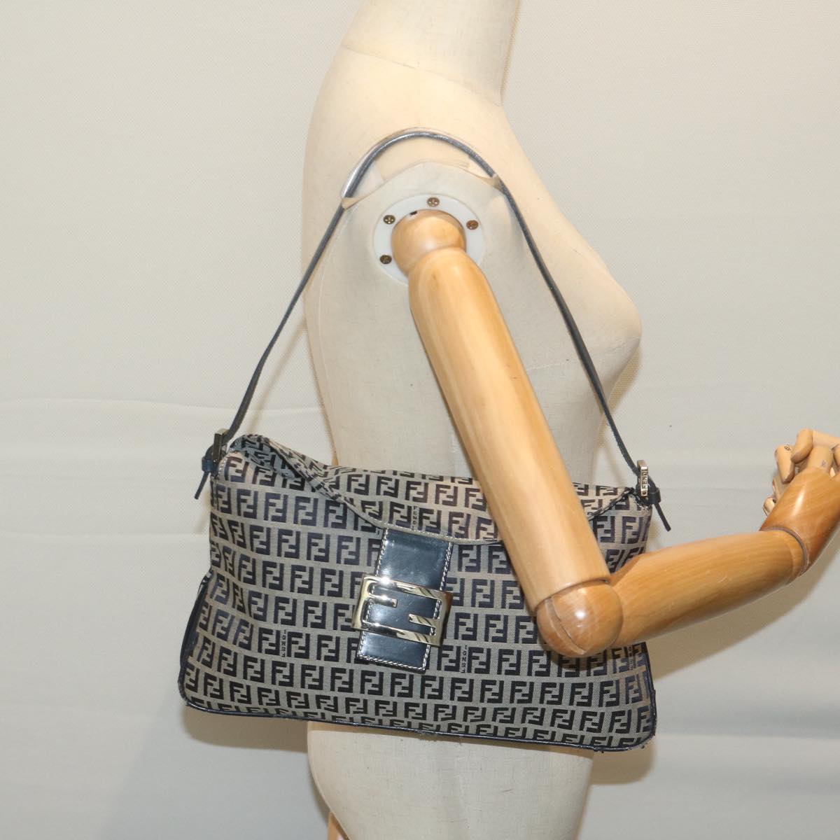 FENDI Zucchino Canvas Mamma Baguette Shoulder Bag Navyyk10215