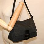 FENDI Zucchino Canvas Mamma Baguette Shoulder Bag Blackyk10291