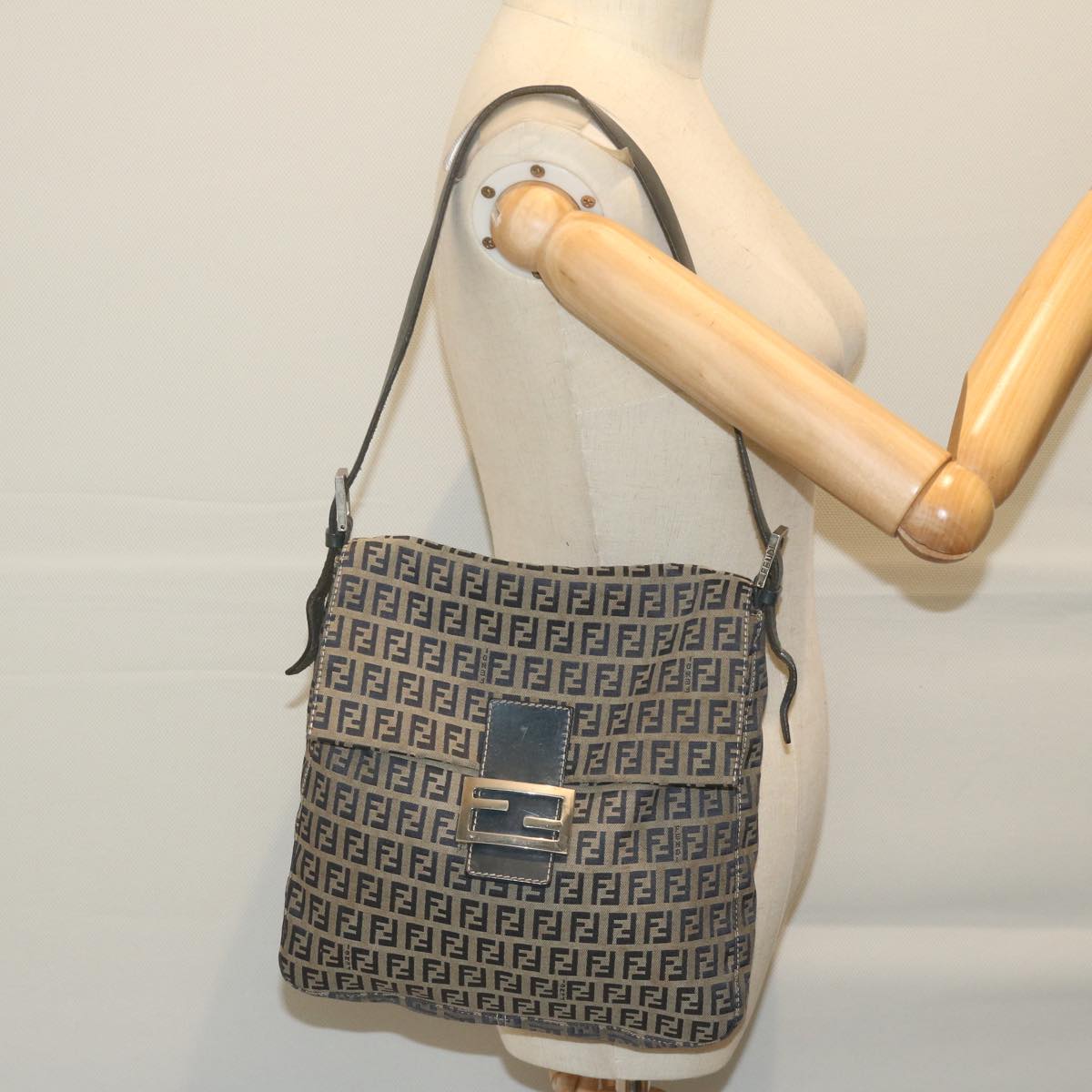 FENDI Zucchino Canvas Mamma Baguette Shoulder Bag Navyyk10314