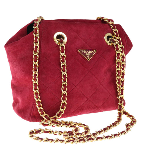 PRADA Quilted Chain Shoulder Bag Suede Red  yk10504