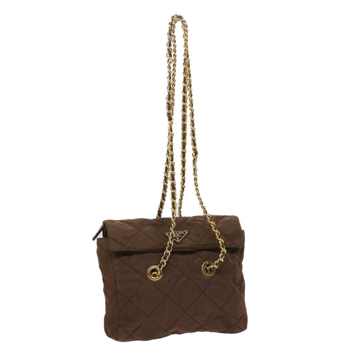 PRADA Quilted Chain Shoulder Bag Nylon Brown  yk10527