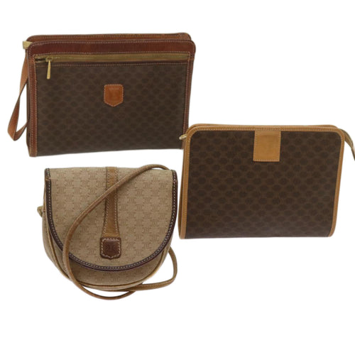 CELINE Macadam Canvas Clutch Bag Shoulder Bag PVC 3Set Brown Beige 10921