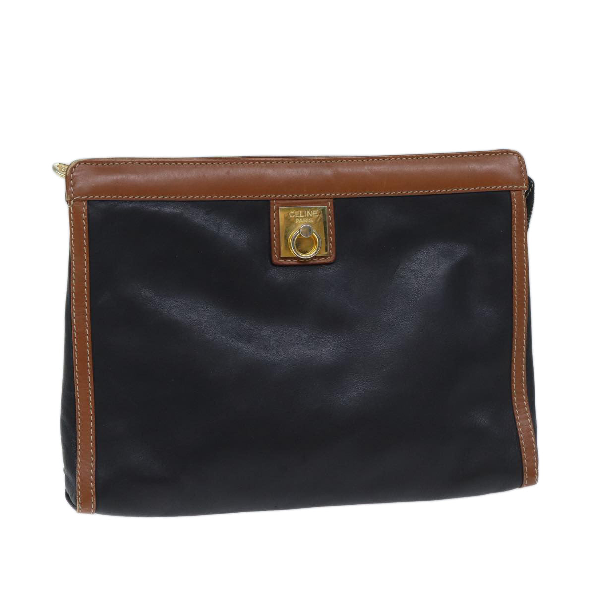 CELINE Clutch Bag Leather Black Auth yk11513