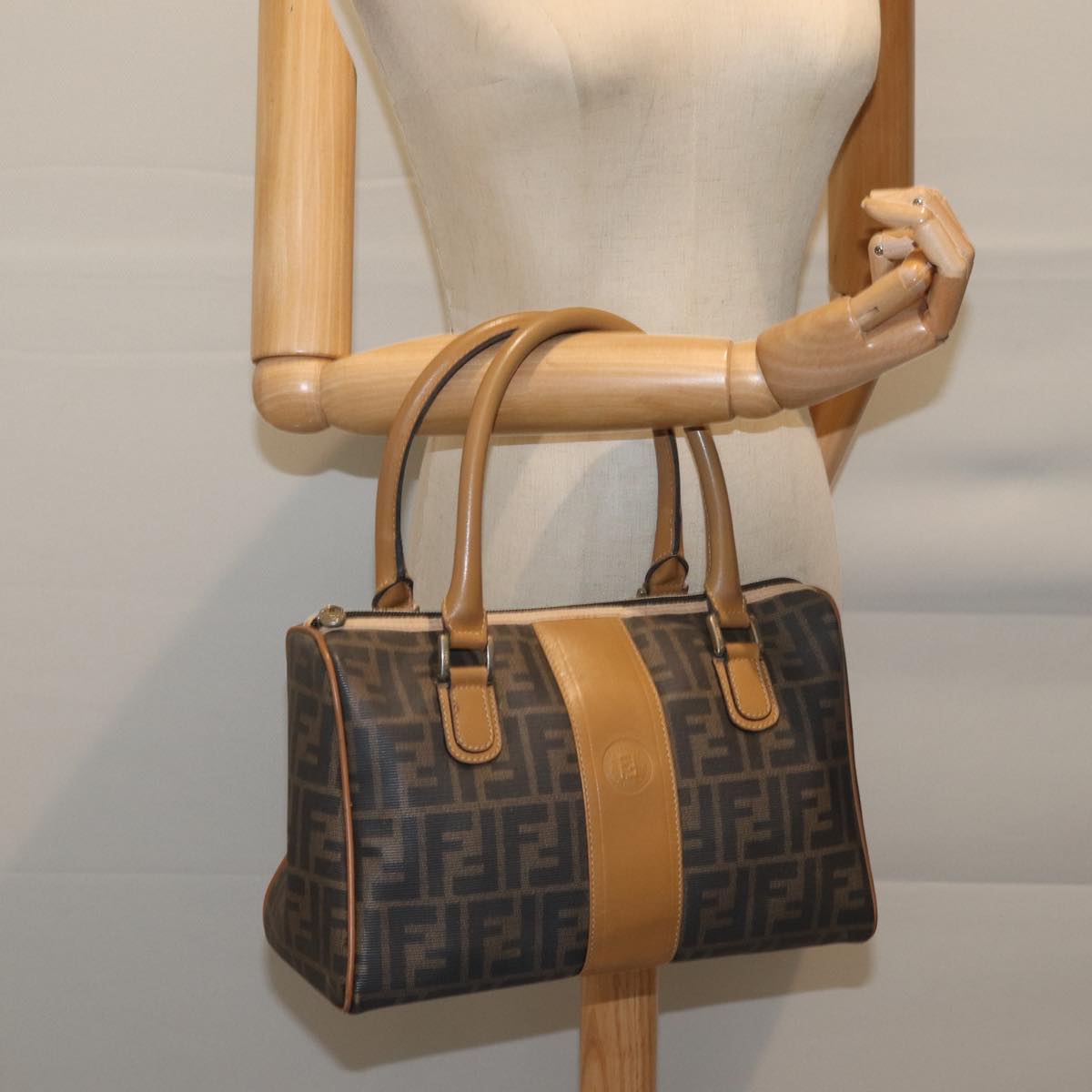 FENDI Zucca Canvas Boston Bag Brown Blackyk11516