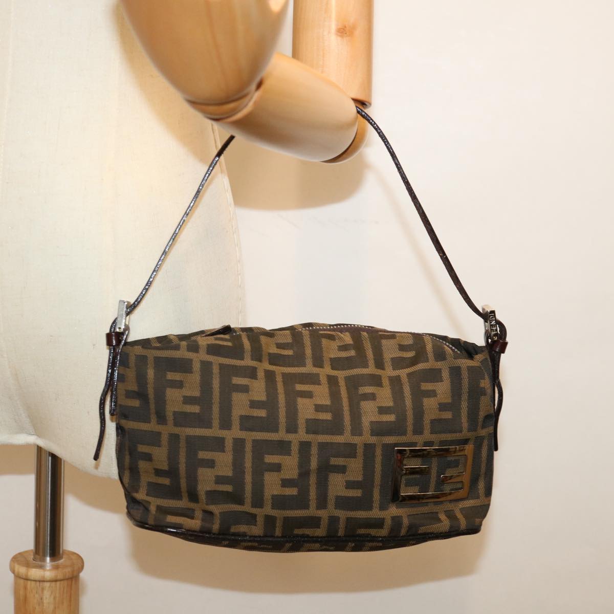 FENDI Zucca Canvas Hand Bag Brown Blackyk11574