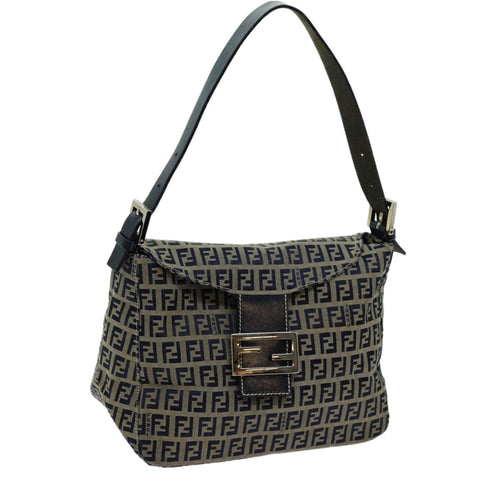 FENDI Zucchino Canvas Mamma Baguette Shoulder Bag Navyyk11630