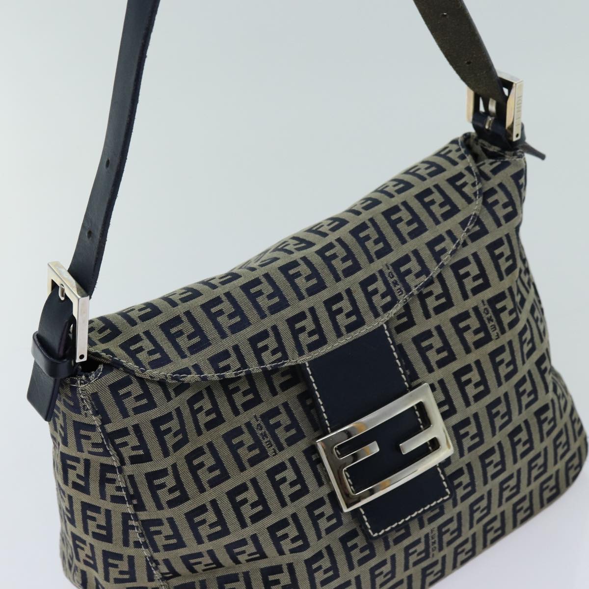 FENDI Zucchino Canvas Mamma Baguette Shoulder Bag Navyyk11630