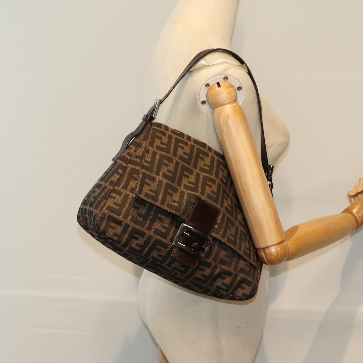 FENDI Zucca Canvas Mamma Baguette Shoulder Bag Black Brownyk12425