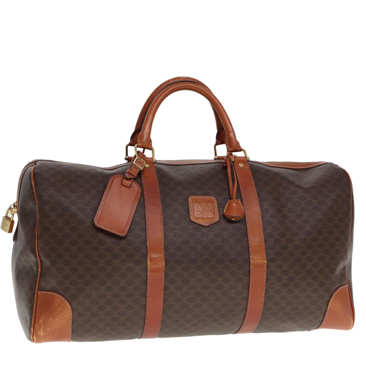 CELINE Macadam Canvas Boston Bag PVC Leather Brown 12899