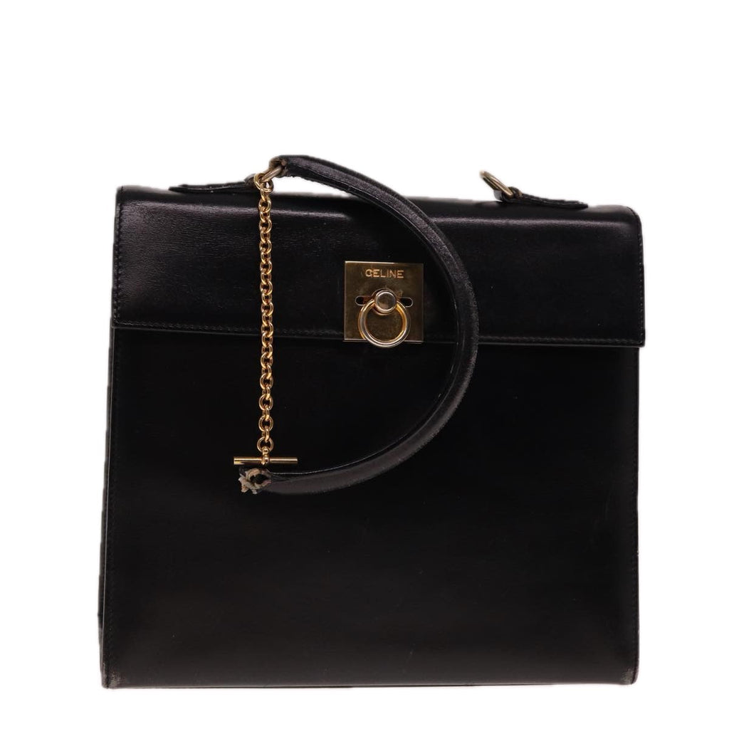 CELINE Hand Bag Leather Black 12969