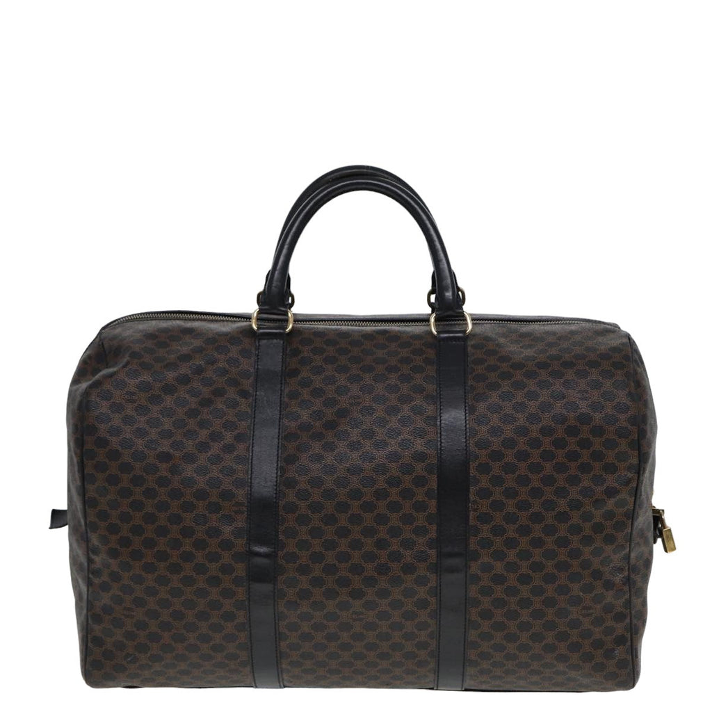CELINE Macadam Canvas Boston Bag PVC Leather Black Brown Auth yk13042