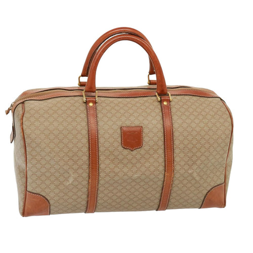 CELINE Macadam Canvas Boston Bag Leather Beige Auth yk13220