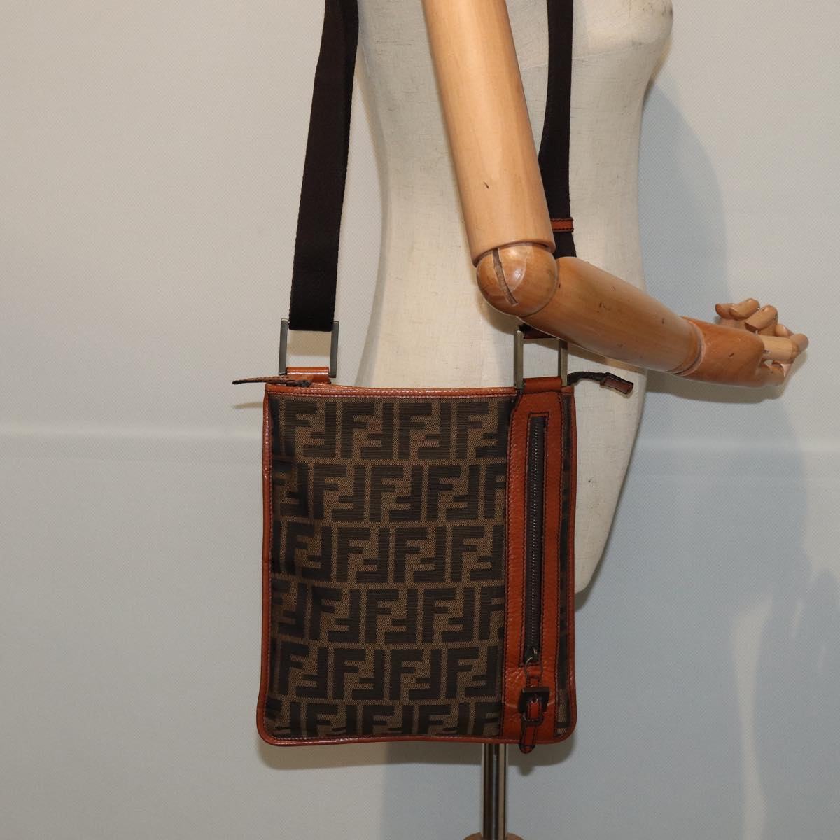 FENDI Zucca Canvas Shoulder Bag Brown Blackyk13283