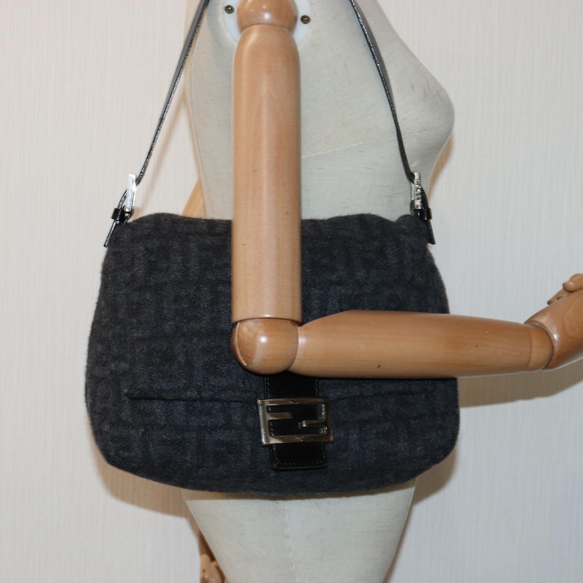 FENDI Zucca Canvas Mamma Baguette Shoulder Bag Wool Blackyk13747