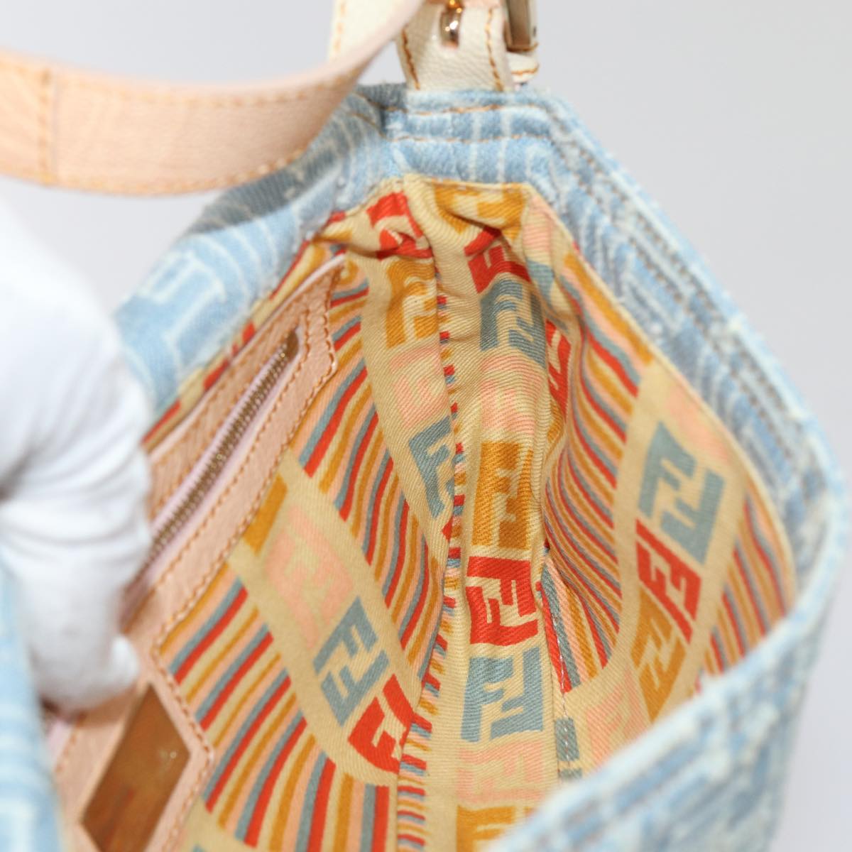FENDI Zucca Canvas Mamma Baguette Shoulder Bag Denim Blue Goldyk14276A
