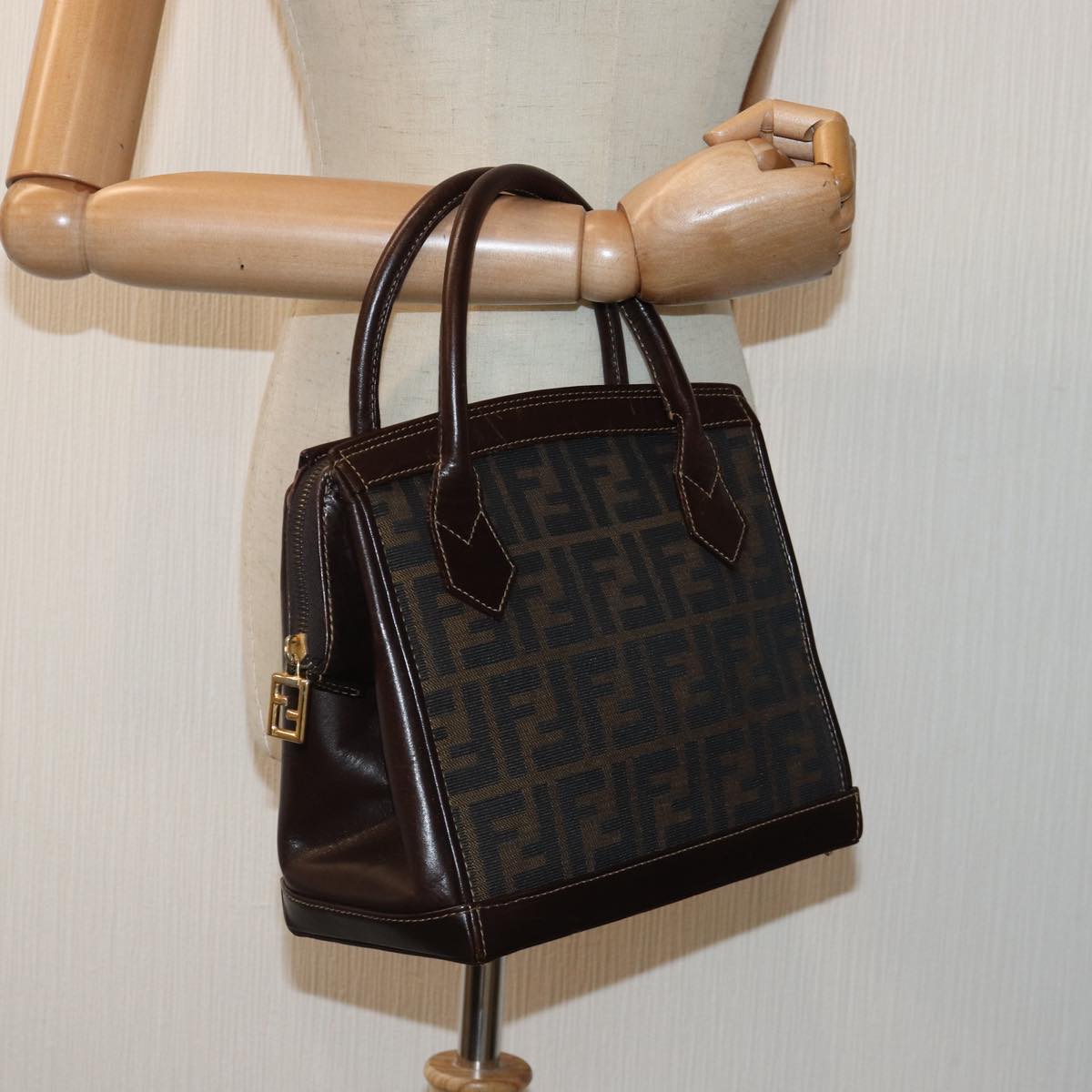 FENDI Zucca Canvas Hand Bag Brown Black goldyk14322