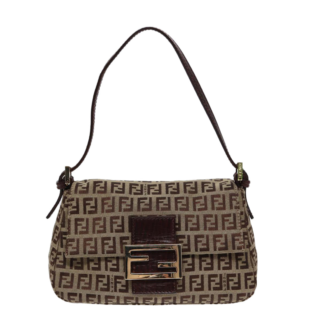 FENDI Zucchino Canvas Mini Mamma Baguette Hand Bag Beige Goldyk14500A