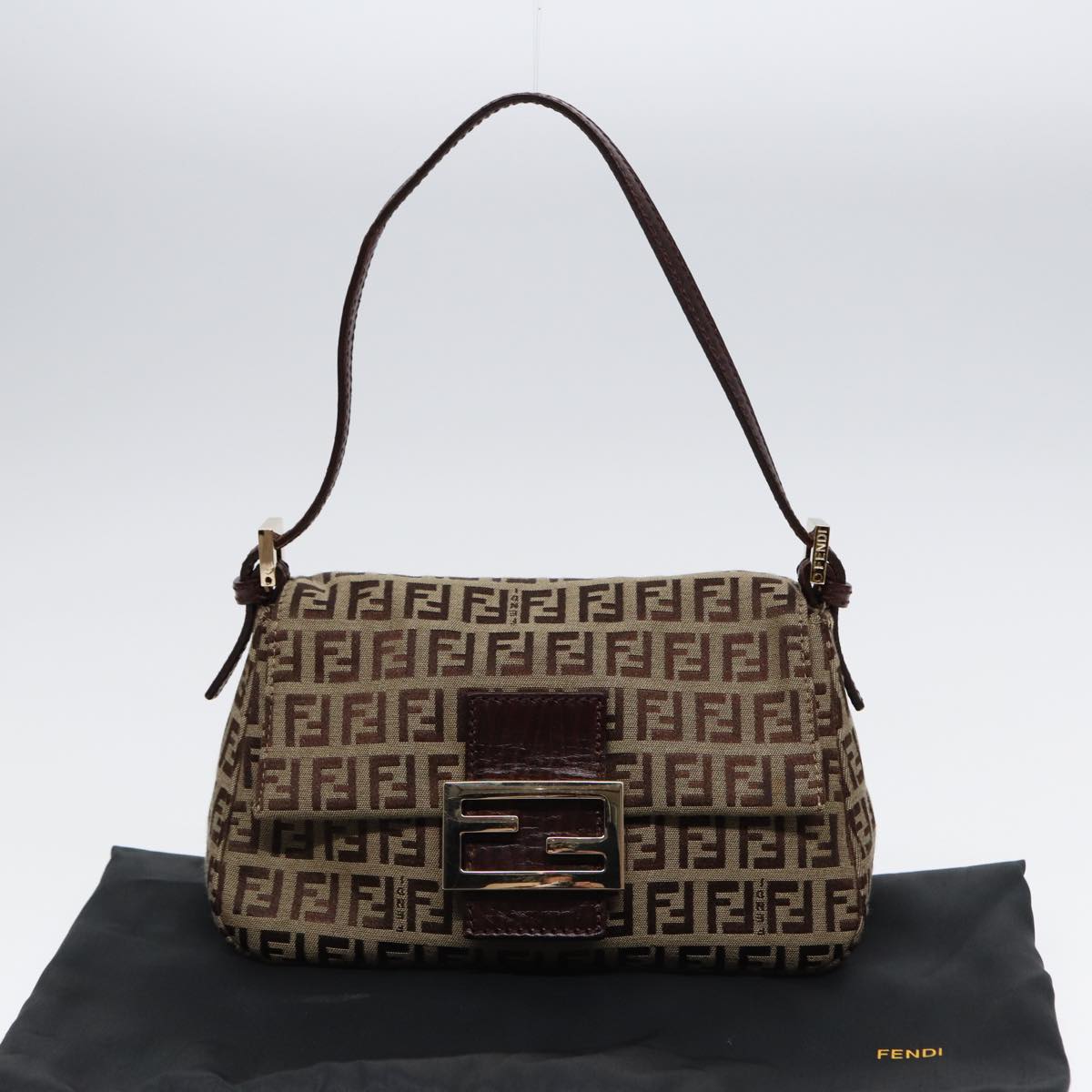 FENDI Zucchino Canvas Mini Mamma Baguette Hand Bag Beige Goldyk14500A