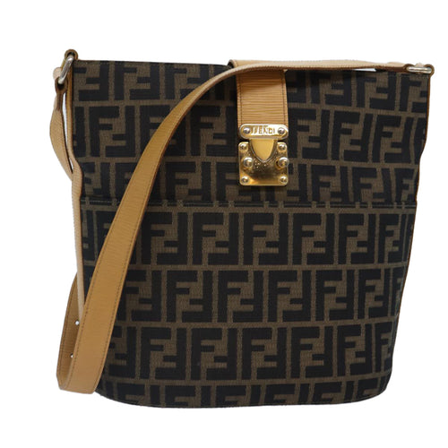 FENDI Zucca Canvas Shoulder Bag Gold Black Brownyk14581