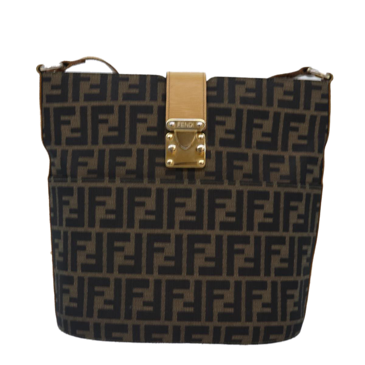 FENDI Zucca Canvas Shoulder Bag Gold Black Brownyk14581