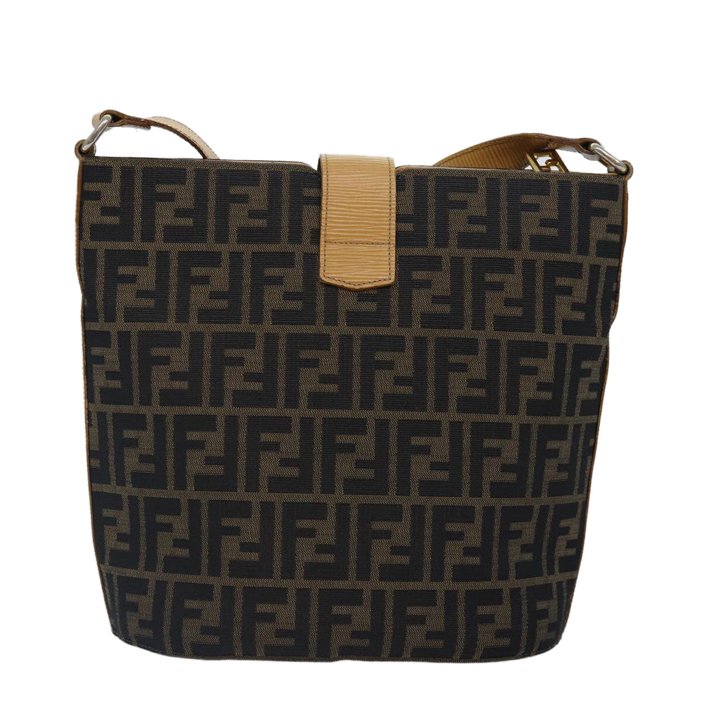 FENDI Zucca Canvas Shoulder Bag Gold Black Brownyk14581