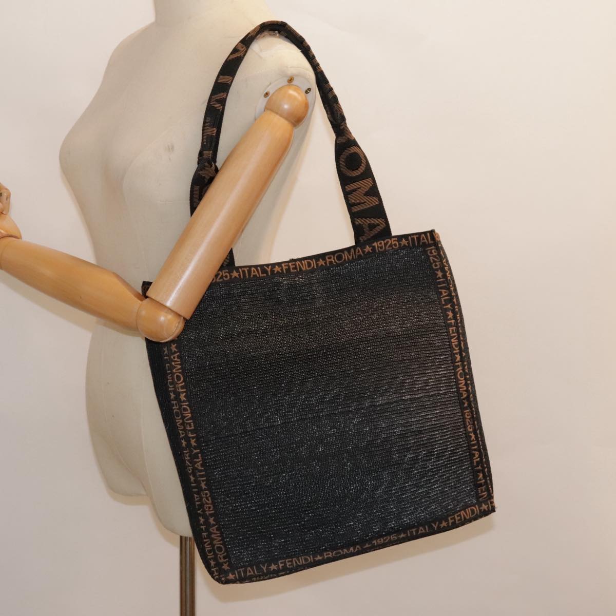FENDI Tote Bag Straw Black Goldyk14912