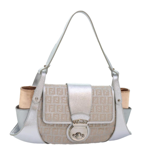 FENDI Zucchino Canvas Hand Bag Silver Blackyk14936