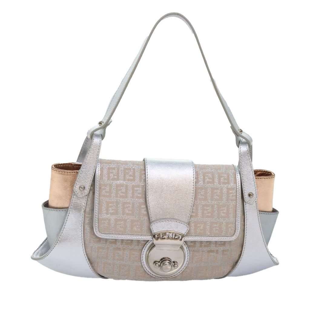 FENDI Zucchino Canvas Hand Bag Silver Blackyk14936